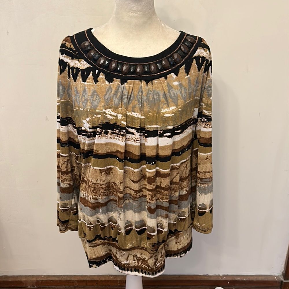 Notations brown multicolored beaded long sleeve blouse Size M EUC